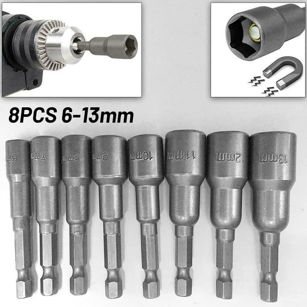 8pc Hex Magnetic Nut Driver Set 6 to 13mm Metric Socket Impact Drill Bits 1/4"
